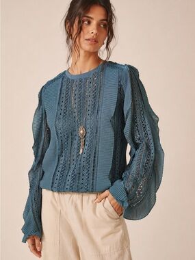 Calligraphie Anthropologie Lace Pleated Ruffle Mixed Media Top